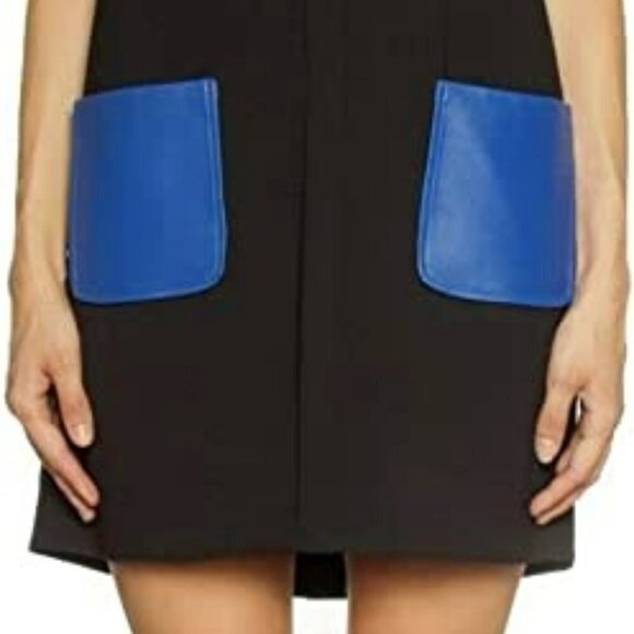 Anthropologie Dina Agam Black Crepe & Blue Lambskin Mock Sleeveless Shift Dress - Picture 6 of 16